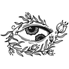 an eye with leaves around it and the iris in the center is drawn by hand