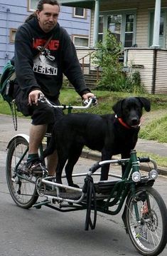 a man riding a bike with a black dog on the front and rear wheel attached to it