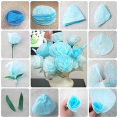 many different pictures of blue paper flowers