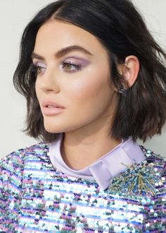 Lucy Hale Makeup Eyes, Lilac Lipstick Makeup Look, Purple Makeup Inspiration, Funky Bridal Makeup, Lavander Eyeshadow Look, Colourful Wedding Makeup, Light Purple Eyeshadow Looks, Purple Bridal Makeup, Light Purple Makeup