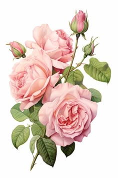 three pink roses with green leaves on a white background