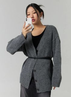 V-Neck Oversized Knit Cardigan CN324 - Korean Women's Fashion | LEWKIN Oversized Knit Cardigan, Korean Fashion Women, Oversize Knit, Button Top, Gray Light, Detail Shop, Print Top, Latest Fashion For Women, Light Beige