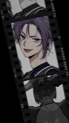 an anime character with purple hair and blue eyes is shown in black and white film strips