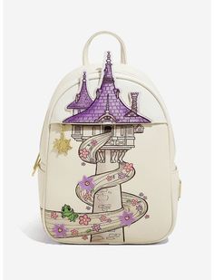 Nothing keeps things safer than a tower—just ask Mother Gothel. Keep your things safe in a tower of your own! This faux leather Loungefly mini backpack features the tower from Disney's Tangled, complete with a die-cut roof. Also features an interior drop pocket, gold-tone hardware, an enamel brand badge, exterior zipper pocket with a Sun of Corona zipper pull, adjustable shoulder straps, and die-cut flowers along Rapunzel's flowing hair (which wraps around the backpack)! Mini Backpack is: Approx Tangled Tower, Disney Bags Backpacks, Sleeping Beauty Fairies, Mother Gothel, Loungefly Mini Backpack, Rapunzel Disney, Disney Loungefly, Disney Bags, Diy Disney