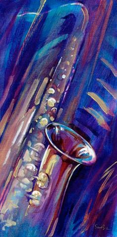 a painting of a saxophone on a blue background