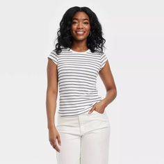 Women's Fitted Short Sleeve T-shirt - Universal Thread™ Navy Blue Striped S : Target Casual Stretch Cotton T-shirt, Casual Stretch Shirt For Everyday, Ut Shirts, Leggings Shorts, Summer Stripes, Denim Collection, Birthday Wishlist, Work Tops, Slim Fit Shorts