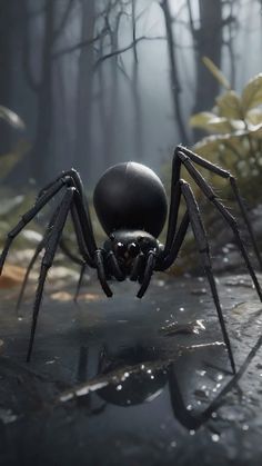 a black spider in the middle of a forest