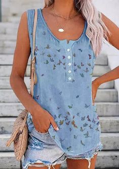 Blue Casual Graphic Tops Round Neck Butterfly Printed Sleeveless Tank Half Sleeve Blouse, Graphic Tops, Sleeveless Tops, Tees For Women, Casual Tank Tops, Two Piece Dress, Sleeveless Tank Top, Sleeveless Tank, Fashion Tees