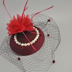 Net Feather Hats White Red Black Birdcage Wedding Bridal Pearl Fascinator - TulleLux Bridal Crowns &  Accessories