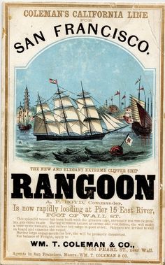 an advertisement for san francisco's rangoon, with ships in the background