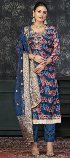 Blue color Salwar Kameez in Organza Silk fabric with Bugle Beads, Cut Dana, Floral, Lace, Printed work Blue Art Silk Salwar Kameez With Cutdana, Blue Dola Silk Salwar Kameez With Cutdana, Blue Embroidered Raw Silk Salwar Kameez, Blue Embroidered Organza Salwar Kameez, Blue Embroidered Silk Salwar Kameez, Latest Anarkali Suits, Trouser Suit, Prussian Blue, Designer Salwar Suits