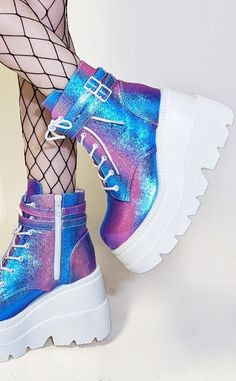 SHAKER-52 Purple Multi Iridescent Boots-Demonia-Tragic Beautiful Cute Platform Shoes, Boots Rainbow, Punk Festival, Rainbow Festival, Hak Tinggi, Demonia Boots, Goth Shoes, Demonia Shoes, Festival Shoes