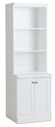 a white bookcase with two doors and cupboards