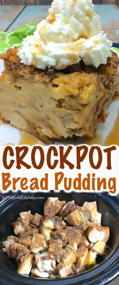 crock pot bread pudding with whipped cream on top and in the middle, sitting on a plate