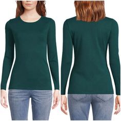 Lands' End Women's Cotton Rib Long Sleeve Crewneck T-Shirt Measurements Pit To Pit 16.5 Inches Length 26 Inches Color Forest Green Ultra-Fine Ribs Keep The All-Cotton Knit From Clinging Flattering Crew Neckline Shaped: Curves Slightly At The Waist 100% Soft Cotton. Machine Wash. Imported. Long Tee Shirts, Blue Long Sleeve Tops, Blue Long Sleeve Shirt, Crew Neck Tshirt, Basic Long Sleeve, Long Sleeve Tee Shirts, Long Sleeve Turtleneck, Womens Long Sleeve Shirts, Womens Tunics