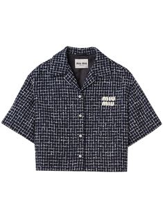 navy blue/ivory white wool tweed check pattern appliqué logo camp collar front button fastening short sleeves straight hem cropped full lining Lacoste Outfit Women, Miu Miu Clothes, Miu Miu Shirt, Lacoste Outfit, Miu Miu Top, Cool Outfits For Men, Blue Ivory, Ivory White, Dream Clothes