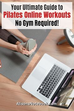 a woman is doing yoga on the floor with her laptop and other items in front of her