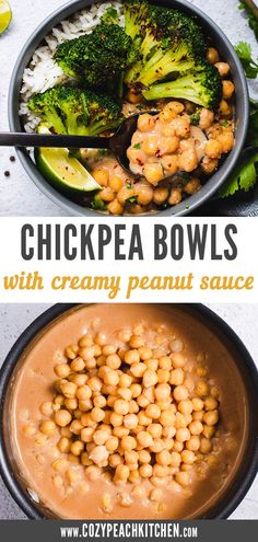 chickpea bowls with creamy peanut sauce and broccoli on the side in a black bowl