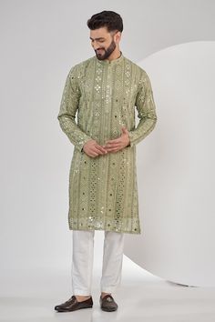 Green georgette kurta with geometric embroidery using foil, thread and mirror work. Comes with a pant. - Aza Fashions Mirror Kurta Men, Georgette Kurta, Kurta Patterns, Kurta Set For Men, Kurta Men, Geometric Embroidery, Luxury Sale, Mirror Work, Thread Work