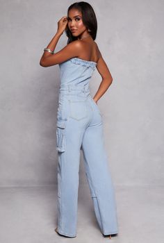 Daisy, Sleeveless, Strapless, Straight Leg, Cargo Pocket(s), Solid, Denim, Item Number 3408064722805 Casual Strapless Denim Jumpsuit With Pockets, Casual Medium Wash Strapless Denim Jumpsuit, Spring Denim Strapless Jumpsuit With Pockets, Casual Denim Strapless Jumpsuit With Pockets, Casual High Rise Strapless Denim Jumpsuit, Sleeveless Light Wash Denim Jumpsuits And Rompers, Sleeveless Denim Jumpsuit In Light Wash, Sleeveless Light Wash Denim Overalls, Casual Strapless Jumpsuits And Rompers With Pockets