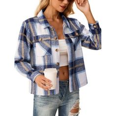 This shackets for women is the perfect blend of style and comfort. This plaid shirts for women features a classic plaid pattern that gives it a timeless look. The loose fit of the womens fall fashion jacket allows for easy movement and is perfect for Women Cropped Shacket and T-shirts. The two front pockets on this trendy fall outfits for women add utility while adding dimension to the overall look. Size: XL.  Color: Blue.  Gender: female.  Age Group: adult. Blue Long Sleeve Flannel Shirt For Fall, Blue Collared Flannel Shirt For Fall, Blue Flannel Shirt With Pockets For Fall, Blue Flannel Shirt For Fall, Blue Long Sleeve Shacket With Pockets, Blue Buttoned Flannel Shirt For Winter, Blue Collared Shacket With Buttoned Pockets, Winter Blue Buttoned Flannel Shirt, Blue Flannel Shirt With Buttons For Winter