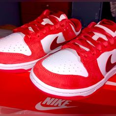 There Brand New. Size 6.5 In Women’s Suede On The Red Parts Red Low-top Skate Shoes With Laces, University Red Lace-up Skate Shoes With Red Sole, Red Nike Lace-up Skate Shoes, Red Sneakers With Branded Heel Counter And Round Toe, Low-top Sneakers With Red Accents And Sole, Nike Dunk Lows, Dunk Lows, Nike Red, Nike Dunk