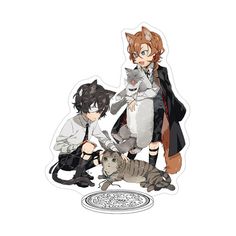 an anime character with two cats and a cat on the ground next to another character