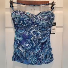 Nwt. Ralph Lauren Halter-Style (Converts To Strapless) Tankini Swimsuit Top In "Bandana" Print. Beautiful Blue, Turquoise And White Paisley Pattern. Size 4. Slimming Fit With Shirring On The Sides And A Light Control Mesh Panel In The Midsection. 15 Inches Long. Molded Cups. Removable Straps. Incredibly Soft And Comfortable - I Just Ordered The Wrong Size And Couldn't Return It. Please See Photos For Materials And Care. Comes From A Smoke-Free, Pet-Friendly Home. Fast Shipping From A Trusted Sel Fitted Sleeveless Swimwear With Paisley Print, Fitted Paisley Print Sleeveless Swimwear, Fitted Sleeveless Paisley Print Swimwear, Spring Fitted Swimwear With Paisley Print, Spring Sleeveless Swimwear With Paisley Print, Fitted Paisley Print Swimwear For Spring, Sleeveless Paisley Print Swimwear For Spring, Spring Fitted Paisley Print Swimwear, Spring Paisley Print Sleeveless Swimwear