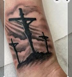 two pictures show the same tattoo on one arm and another with a cross on it