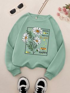 Floral And Slogan Graphic Thermal Lined Sweatshirt SUNSHINE Happiness Beautiful Make Me HAPPY,Long Sleeve Tops Mint Green Casual  Long Sleeve Fabric Floral,Slogan Pullovers Slight Stretch Fall/Winter Women Clothing, size features are:Bust: ,Length: ,Sleeve Length: Cute Clothes Sweaters & Cardigans, Cozy Hoodie Aesthetic, Sweatshirts Women Outfit, Cute Sweatshirts Aesthetic, Sweatshirt Outfits Women, Artsy Clothing, Cute Hoodies, Cute Dress Outfits, Cute Hoodie