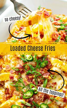 the ingredients for loaded cheese fries in a white bowl with text overlay that says loaded cheese fries