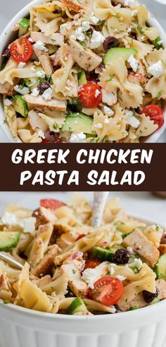 greek chicken pasta salad in a white bowl