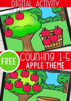 an apple tree with the words counting 1 - 5 in front of it, and two pictures