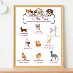 a poster with dogs and their names on it in front of a wall mounted clock