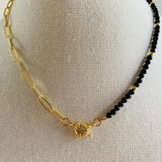 Black, Onyx, Asymmetrical, Gold, Paper Clip Chain Asymmetrical Necklace, Three In One, One Half, Deep Black, Paper Clip, Gold Chain, Gold Chains, Onyx, Gold Necklace