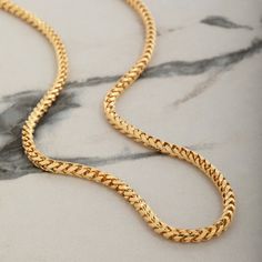 This 3mm diamond cut franco chain is crafted in Italy in solid 14 karat yellow gold. The luxurious franco gold chain is stamped with the 14k (.585) quality hallmark symbol for quality guarantee. Our 3mm franco sparkles just enough to get the right attention and is the perfect gold necklace for men. The real gold chain is also the ideal men’s gold pendant necklace with its rounded profile and strong, heavy gold links that are durable over time. Actual chain width may vary from 2.85mm - 3.20mm. ME Mens Chains Gold For Men, Real Gold Chains For Men, Mens Chain Designs, Chain For Men Gold, Men Gold Chain, Neck Chain For Men, Italian Gold Chain, Mens Gold Chain Necklace, Gold Chain Men