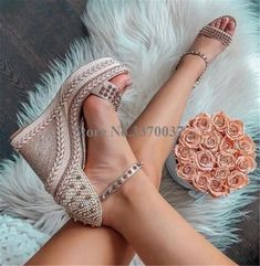 VCSHOES Open Toe One Strap High Platform Rivet Wedge Sandals Ankle Strap Height Increased Wedge Heel Sandals High Heels as picture-34 Summer Wedding Platform Wedge Sandals, Hak Tinggi, Strappy Pumps, Wrap Heels, High Heel Wedges, Buckle Sandals, Fabulous Shoes, Heels & Wedges, Womens Wedges