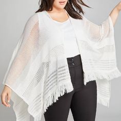 Gorgeous White Open Stitch Wrap Poncho From Lane Bryant! One Size Brand New With Tags! Retail $49.95 Packaged With Care. Fast Shipping! Lane Bryant Sweaters, Black Blouse Short Sleeve, Open Stitch Sweater, Knit Poncho Sweater, Edge Scarf, Black Poncho, Poncho Wrap, Poncho Shawl, Sheer Scarf