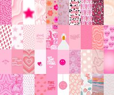 a collage of pink and white wallpapers with hearts, flowers, stars