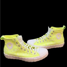 Vibrant And Eye-Catching, These Neon Lime Green Converse Tennis Shoes Radiate Electrifying Energy With Their Striking Hue, Adding A Bold Pop Of Color To Any Outfit. Size-10 Casual High-top Custom Sneakers For Light Sports, High-top Canvas Shoes With Rubber Sole For Light Sports, Casual High-top Converse Sneakers With Abzorb Midsole, Casual Yellow Custom Sneakers For Light Sports, Converse Lace-up High-top Sneakers With Translucent Outsole, Yellow Casual Custom Sneakers For Light Sports, Converse High-top Lace-up Sneakers With Translucent Outsole, Converse Casual High-top Sneakers With Abzorb Midsole, Casual Green High-top Sneakers With Abzorb Midsole