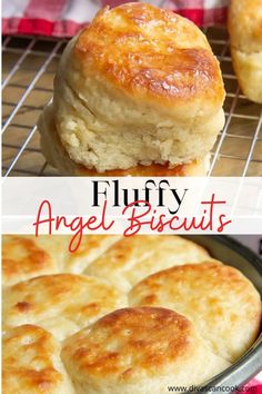 two images of fluffy angel biscuits on a cooling rack