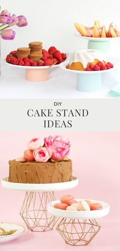 the cake stand is decorated with pink flowers and strawberries on it, along with other desserts