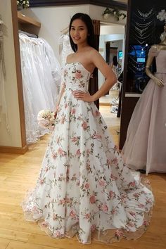 WD0897,White strapless 3D floral long prom evening dresses a-line party gown on Storenvy Nonwhite Wedding Dress, Cottagecore Prom, White Floral Dress Long, Prom Dress Floral, Printed Prom Dresses, White Prom, Floral Prom Dresses, White Evening Dress, White Prom Dress