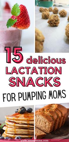 collage of a smoothie, lactation bite, pancake, and sliced banana bread. text states 15 delicious lactation snacks for pumping moms Lactation Recipes Healthy, Easy Lactation Cookies, Lactation Recipes Easy, Nursing Foods, Lactation Snacks, Healthy Breastfeeding Snacks, Breastfeeding Cookies, Food For Breastfeeding Moms, Breastfeeding Snacks