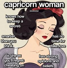 an image of a woman with her eyes closed and the words capricon woman on it