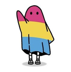 a drawing of a cartoon character wearing a rainbow colored shirt and black shoes with his arms in the air