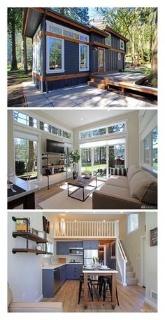 three pictures of different types of houses in the same photo, each with windows and doors