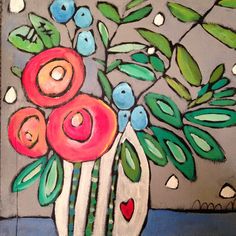 a painting of flowers in a vase with hearts on the bottom and leaves around it