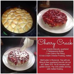 four different types of pies on plates with the words cherry cracker written below