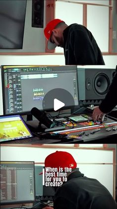 a man in a red hat is at a mixing desk